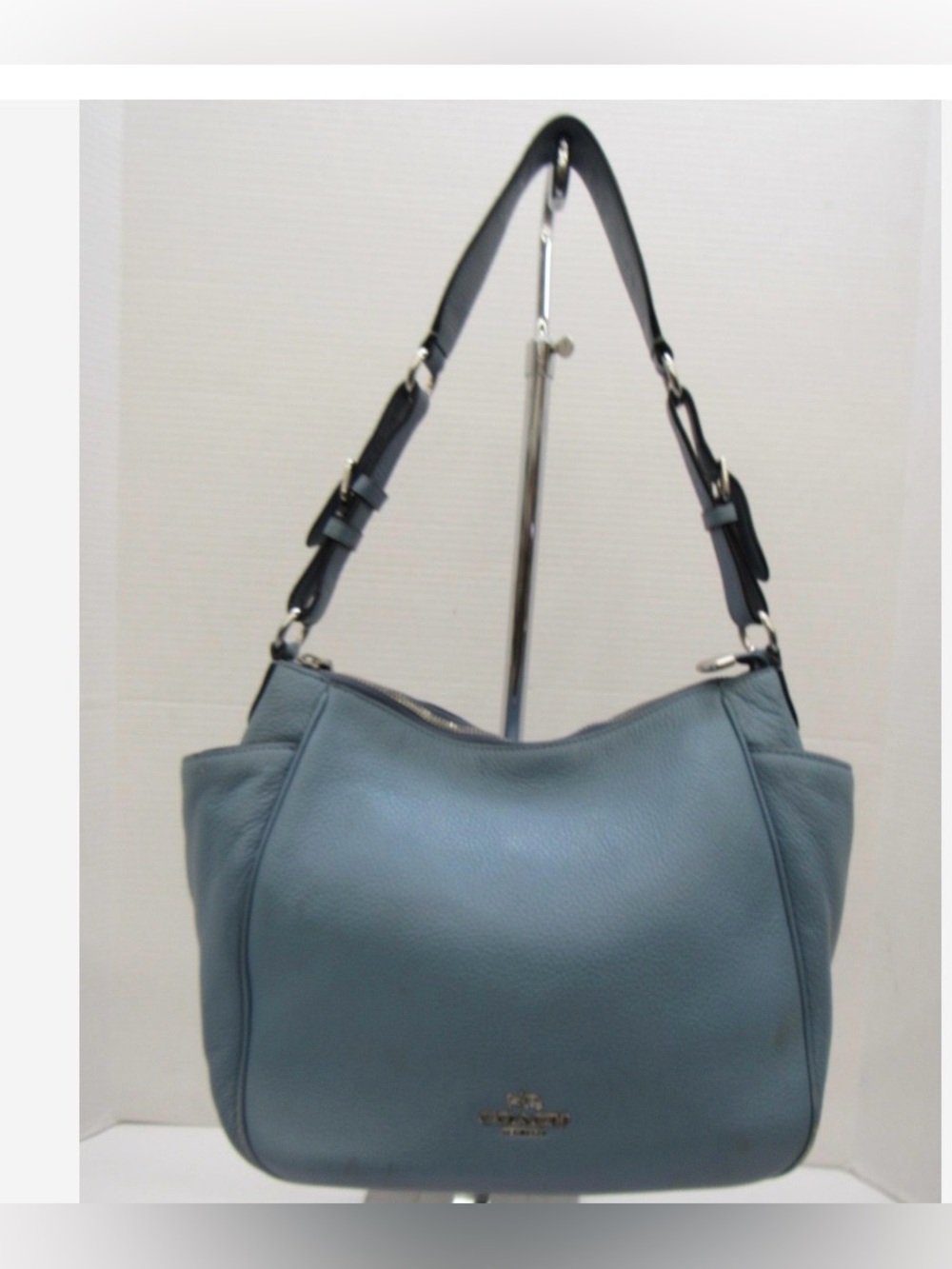Coach Pebbled Slate Blue Leather Shoulder Bag with Front Zip Pocket